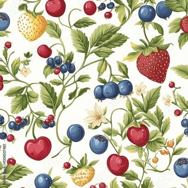 Fototapeta Seamless pattern of ripe berries and strawberries on white background.