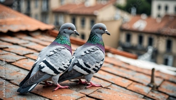Fototapeta Pigeons on the wall street and roof in a peaceful natural setting