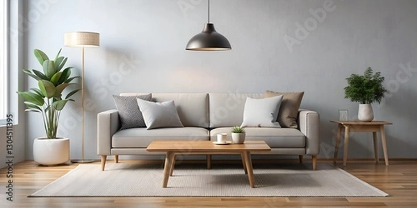 Obraz Contemporary living room design featuring a minimalist sofa, table, and stylish lamp for a peaceful atmosphere
