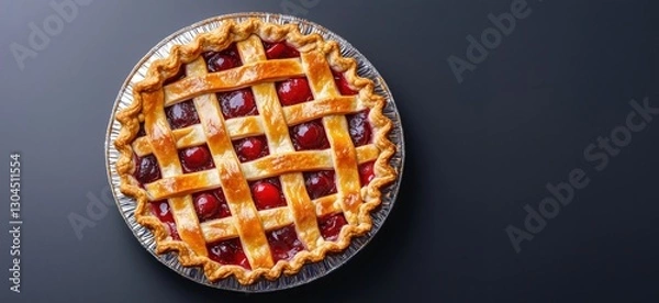 Obraz Delicious cherry pie with golden lattice crust on dark background