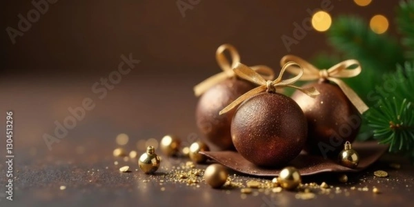 Obraz Elegant bronze and gold holiday spheres with festive ribbons, nestled on a dark surface among shimmering accents.