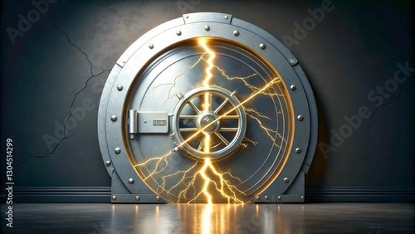 Fototapeta Striking Metallic Vault Door with Lightning Effect and Cracked Wall Background