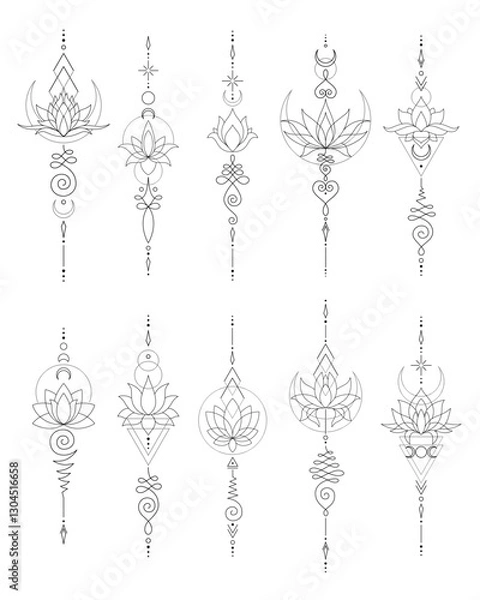 Fototapeta Set of Mystic Lotus Sacred Geometry Unalome Boho Tattoo Design Collection. Vector isolated buddhist line hand drawn symbol
