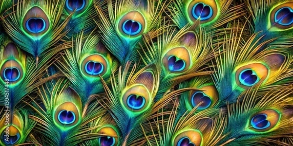 Fototapeta Explore the intricate beauty of peacock feathers in a vibrant macro wall display highlighting nature's artistry Wallpaper, background, detailed texture, feathers