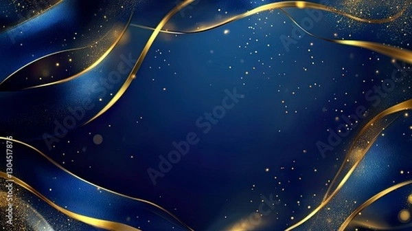 Fototapeta Blue background with golden lines, blue ribbon, glitter light effect and bokeh decoration. Luxury style design background