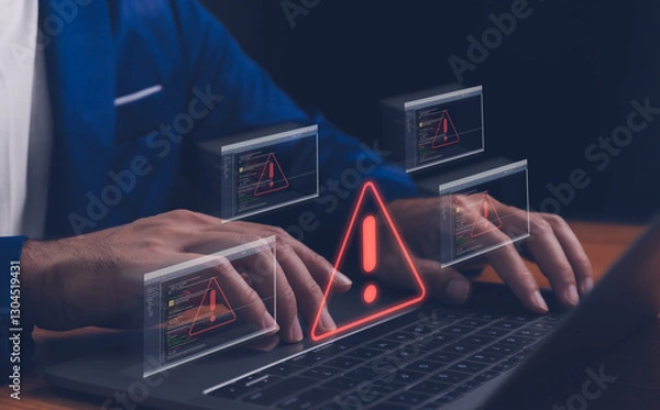 Fototapeta Cyber security concept. data breach man using computer with system hacked alert due to cyberattack on computer network. Triangle caution warning sign alarm for error and maintenance notification.