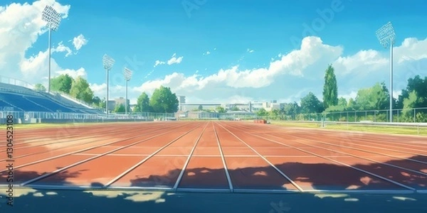 Fototapeta Sunny day track, stadium background,  running, competition