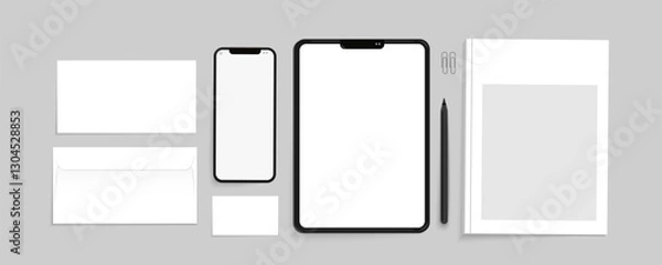 Fototapeta Set of mockups on gray background. Tablet, phone, envelopes, business card vector templates.