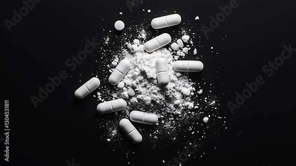 Obraz white pills on a black background