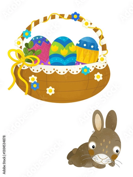 Fototapeta cartoon scene with colorful easter basket and rabbit on frame with white background for text - illustration for children