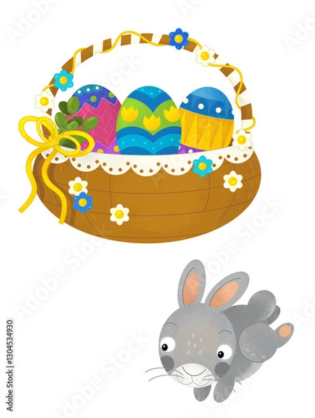 Fototapeta cartoon scene with colorful easter basket and rabbit on frame with white background for text - illustration for children