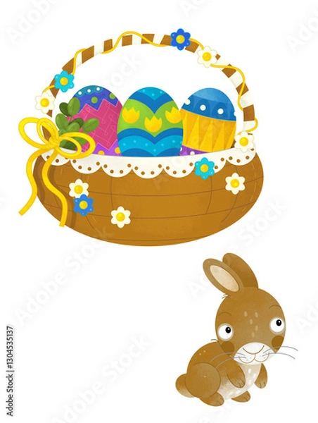 Fototapeta cartoon scene with colorful easter basket and rabbit on frame with white background for text - illustration for children