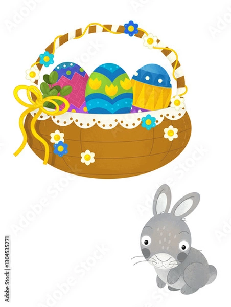 Fototapeta cartoon scene with colorful easter basket and rabbit on frame with white background for text - illustration for children