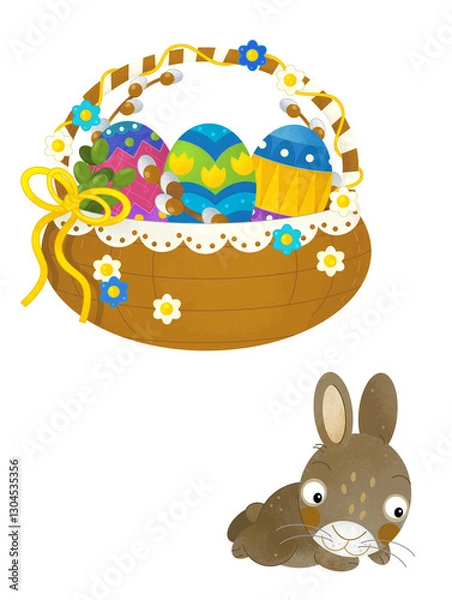 Fototapeta cartoon scene with colorful easter basket and rabbit on frame with white background for text - illustration for children