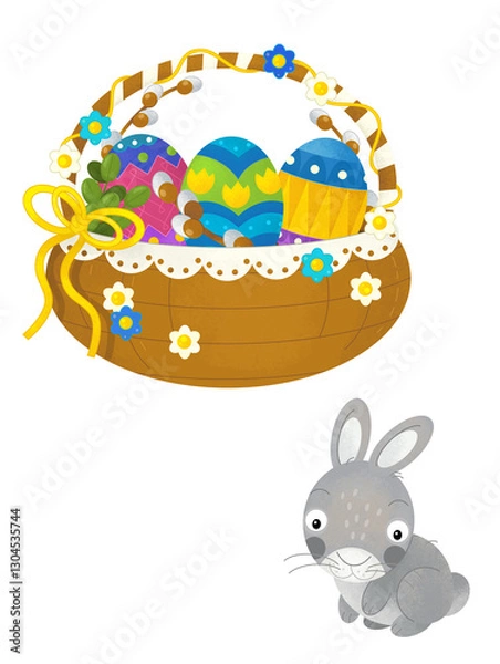 Fototapeta cartoon scene with colorful easter basket and rabbit on frame with white background for text - illustration for children
