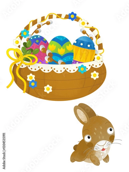 Fototapeta cartoon scene with colorful easter basket and rabbit on frame with white background for text - illustration for children