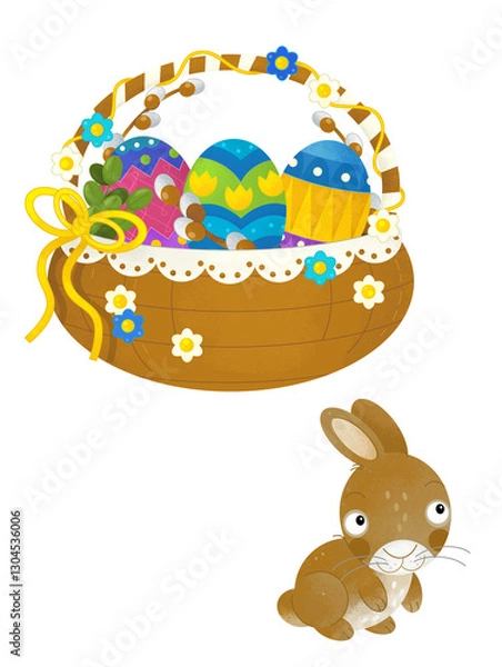 Fototapeta cartoon scene with colorful easter basket and rabbit on frame with white background for text - illustration for children