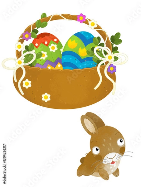 Fototapeta cartoon scene with colorful easter basket and rabbit on frame with white background for text - illustration for children