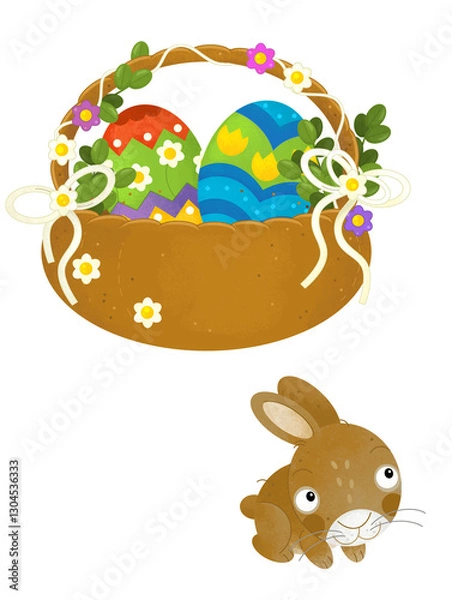 Fototapeta cartoon scene with colorful easter basket and rabbit on frame with white background for text - illustration for children