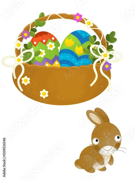 Fototapeta cartoon scene with colorful easter basket and rabbit on frame with white background for text - illustration for children