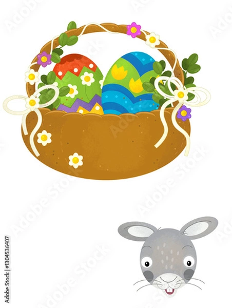 Fototapeta cartoon scene with colorful easter basket and rabbit on frame with white background for text - illustration for children