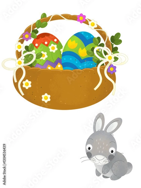 Fototapeta cartoon scene with colorful easter basket and rabbit on frame with white background for text - illustration for children