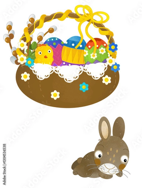 Fototapeta cartoon scene with colorful easter basket and rabbit on frame with white background for text - illustration for children
