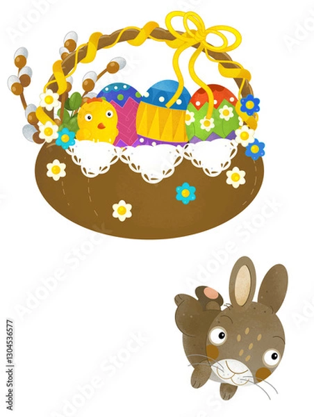 Fototapeta cartoon scene with colorful easter basket and rabbit on frame with white background for text - illustration for children