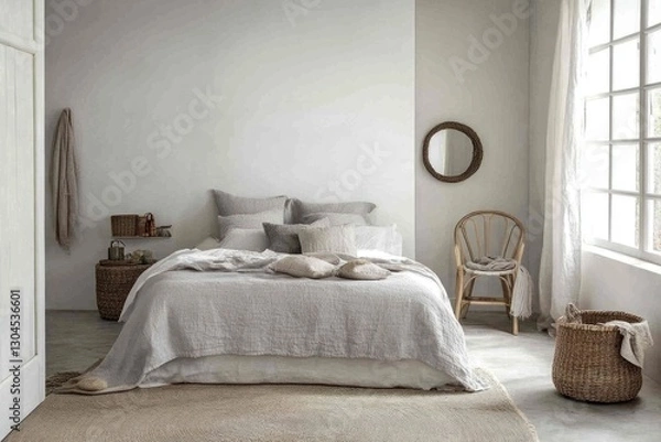 Fototapeta Serene bedroom with linen bedding, natural textures, and sunlight.