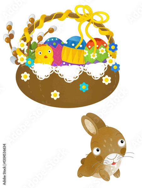 Fototapeta cartoon scene with colorful easter basket and rabbit on frame with white background for text - illustration for children