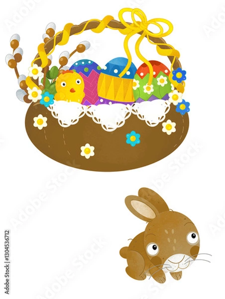Fototapeta cartoon scene with colorful easter basket and rabbit on frame with white background for text - illustration for children