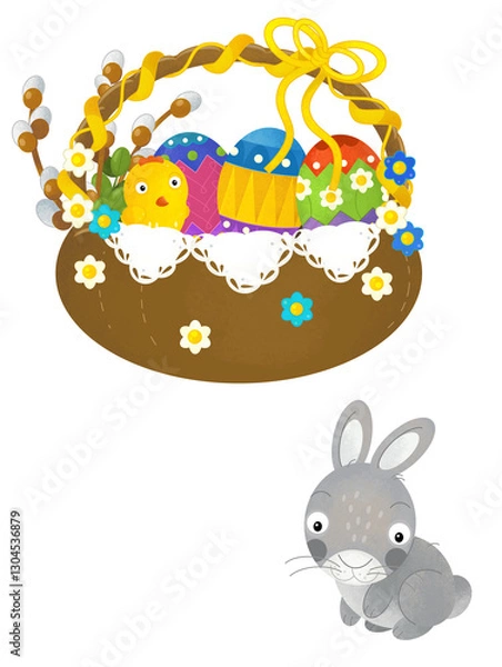 Fototapeta cartoon scene with colorful easter basket and rabbit on frame with white background for text - illustration for children