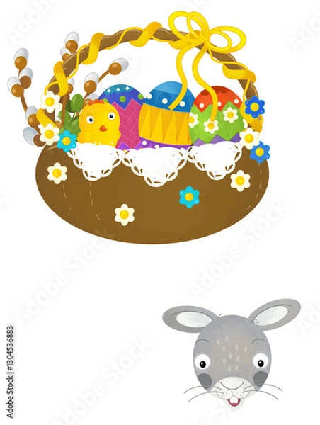 Fototapeta cartoon scene with colorful easter basket and rabbit on frame with white background for text - illustration for children