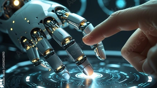 Obraz A detailed image of a human finger touching the metallic fingertip of an android robot. Symbolizing the connection between humanity and artificial intelligence.