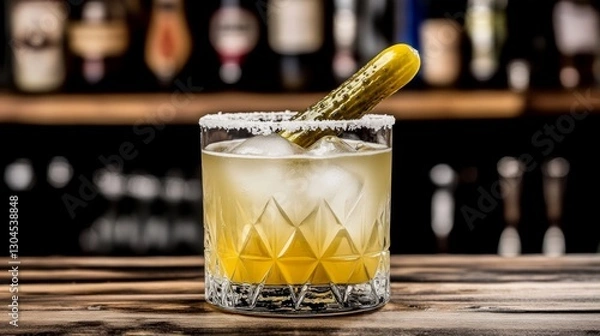 Fototapeta Craft cocktail with pickle garnish and salt rim in crystal glass