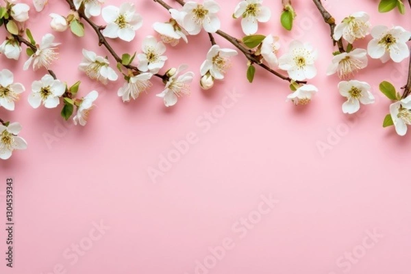 Fototapeta Apple flowers on pink paper background. Pastel colors. Flat lay, top view. Spring flowers with green leaves. Floral pattern. Creative trend composition. Layout with blooming fruit tree. Greeting Card.