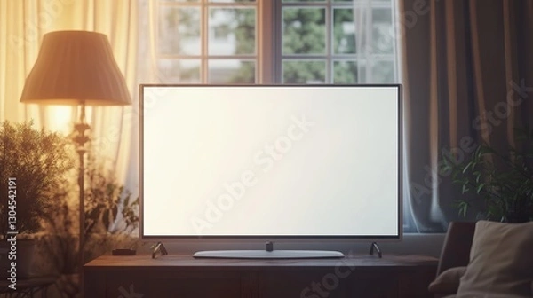 Fototapeta Mockup Empty Flat Screen lcd White Blank Monitor Display TV  Television in cozy house