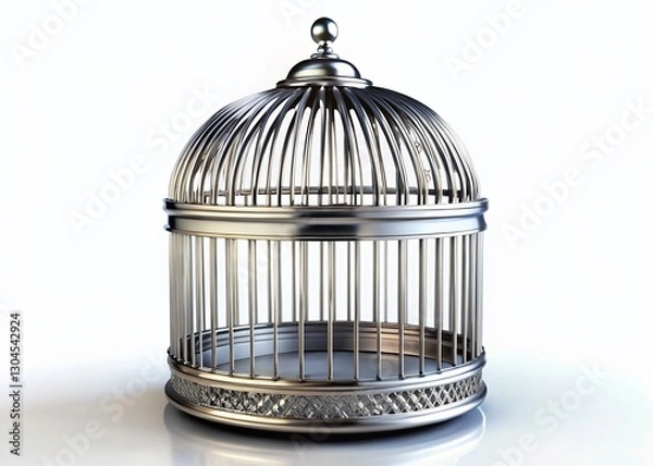 Fototapeta Elegant Silver Birdcage, Isolated on White Background - Low Light Photography, Clipping Path Included