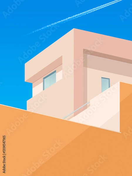 Fototapeta Villa moderne à étages dans les tons roses et oranges pastels avec baies vitrées donnant sur balcons et terrasses sous un ciel bleu ensoleillé. avec trace d'avion.