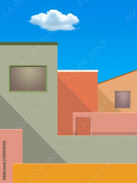 Fototapeta Groupe de maisons colorées d'un village de Provence dans le Sud de la France. Murs en crépis rose, jaune, orange et vert avec toits plats et en pente sous un ciel bleu et son n uage.