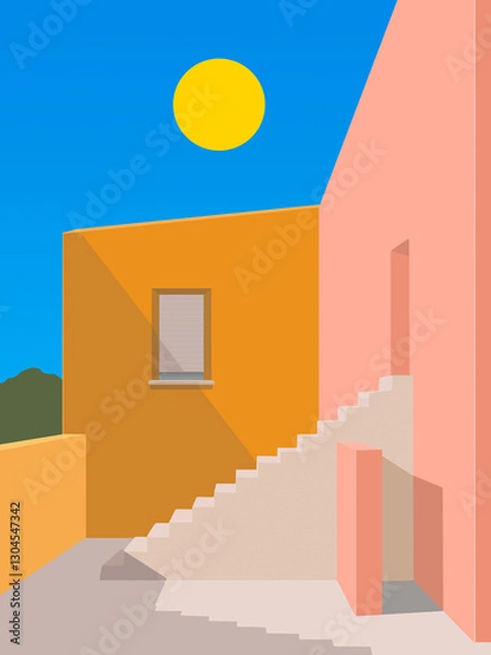 Fototapeta Villa du Sud de la France à plusieurs bâtiments en crépis rose et orange. Cour intérieure desservie par un escalier blanc. Ciel bleu ensoleillé projetant les ombres des maisons.