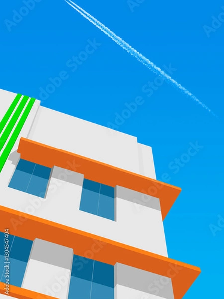Fototapeta Immeuble design blanc et orange avec colonnes montantes vertes. Vue en contre-plongée  sous ciel bleu avec trace d'avion traversant le ciel.