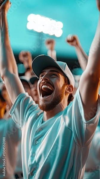 Obraz A baseball team celebrating in pastel-tones uniforms under vintage stadium lights glowing softly