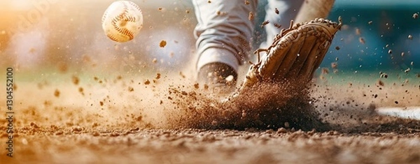 Obraz A baseball player sliding into home plate, pastel dirt flying up around vintage gloves and bats