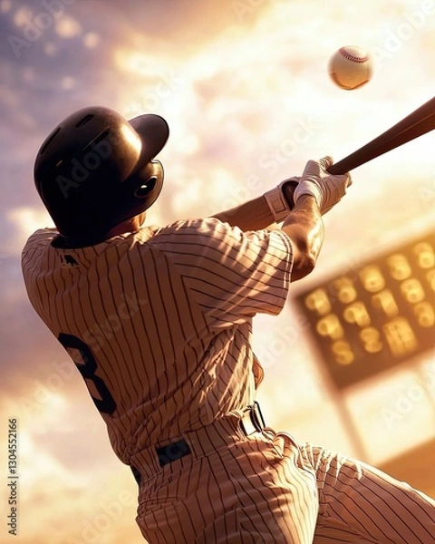 Fototapeta A baseball batter mid-swing, with a pastel sky and vintage scoreboard in the background, softly glowing in golden light