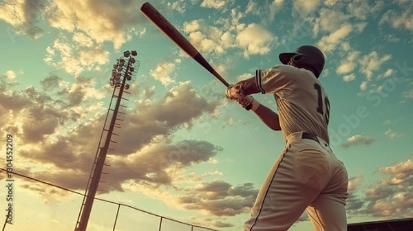 Obraz A baseball batter swinging under pastel skies, vintage dugout details glowing softly nearby