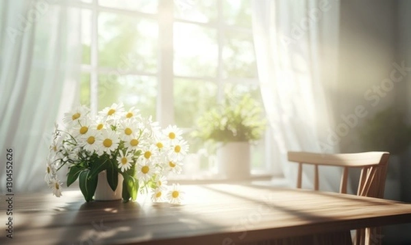 Fototapeta Bright airy dining area with natural wooden furniture, a bouquet of fresh daisies, and sunlight streaming through nearby windows creating a cheerful ambiance