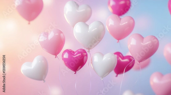 Fototapeta Cluster of heart balloons in pink shades on a soft pink background
