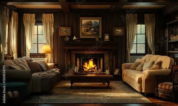 Fototapeta Cozy rustic living room with warm wood tones, a roaring fireplace, and plush furniture, creating a comfortable and inviting environment