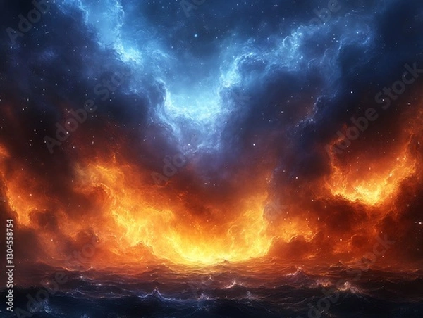 Fototapeta Fiery ocean clashes with celestial blue light dramatic swirling cosmic scene. AI Generated